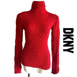 DKNY Y2K Ribbed Knit Sweater Asymmetrical Vintage Turtleneck